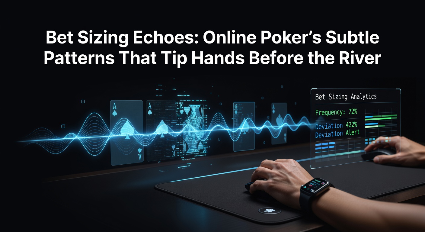 Online poker interface displaying bet sizing patterns across multiple streets, highlighting echoes in chip stacks and action buttons