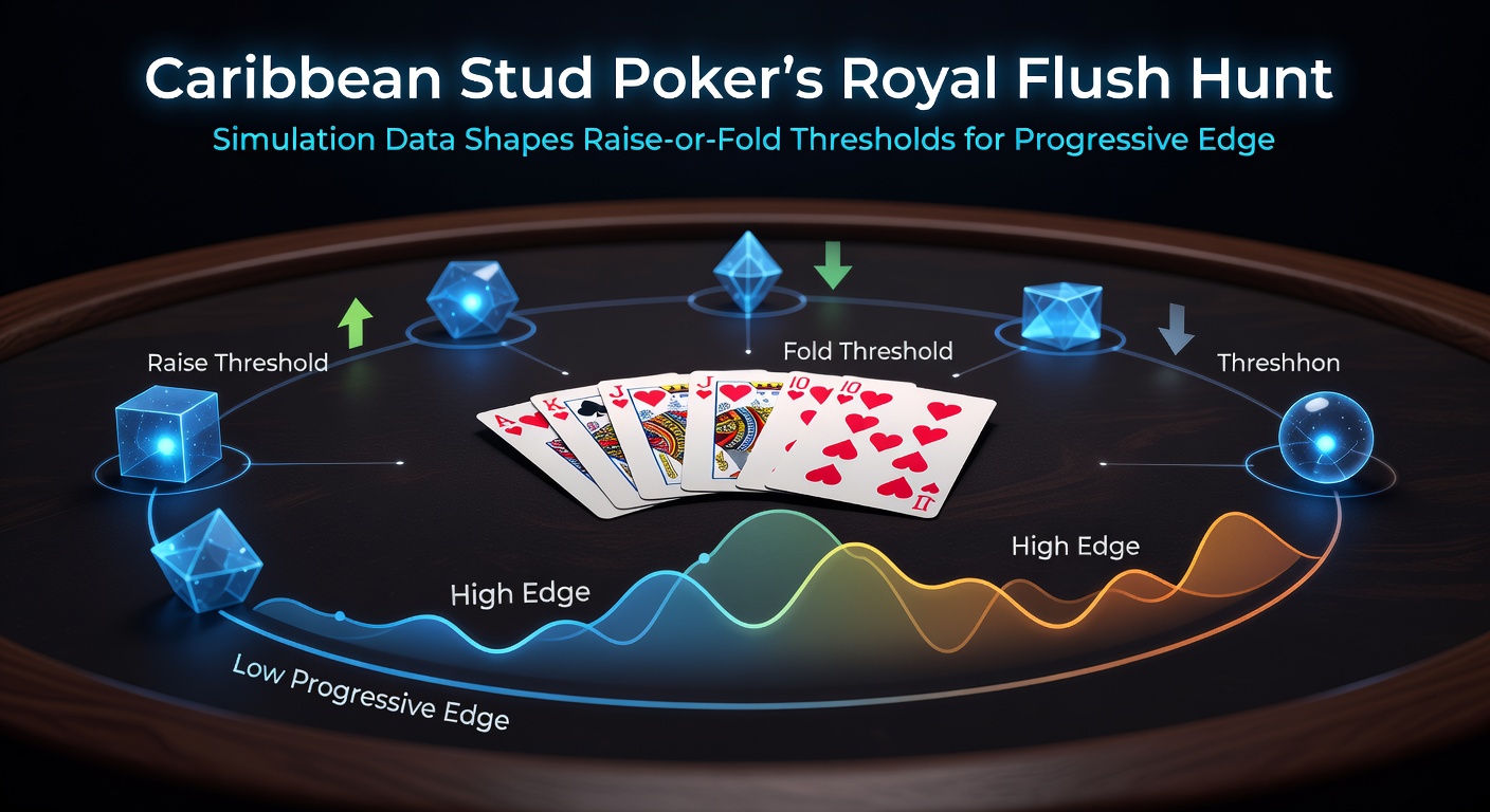 Digital simulation dashboard displaying Caribbean Stud Poker hands with royal flush probability overlays and raise-fold decision trees