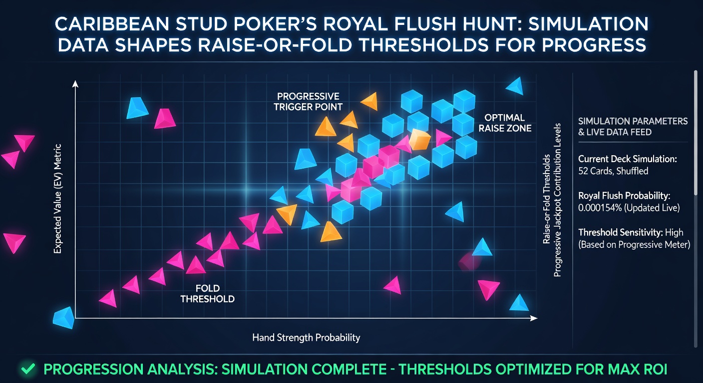 Close-up of Caribbean Stud Poker table with progressive jackpot meter at $125,000, highlighting royal flush payout and simulation-generated strategy chart beside chips