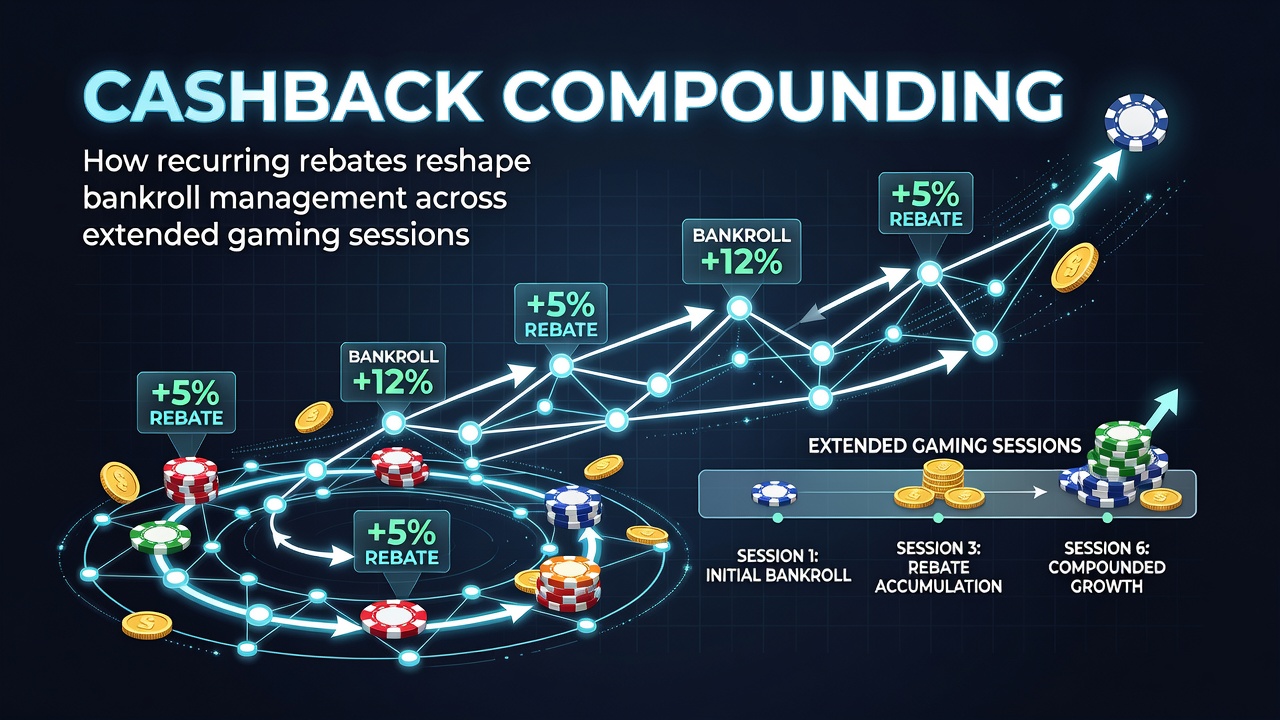 Diagram showing cashback compounding cycles and their effects on player bankrolls over multiple gaming sessions