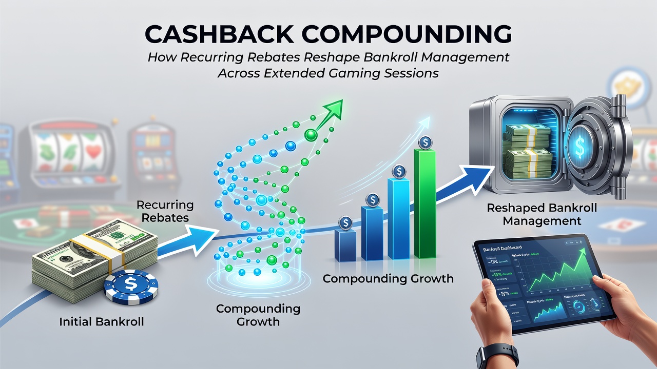 Chart illustrating bankroll growth curves with and without recurring cashback reinvestment over extended play periods