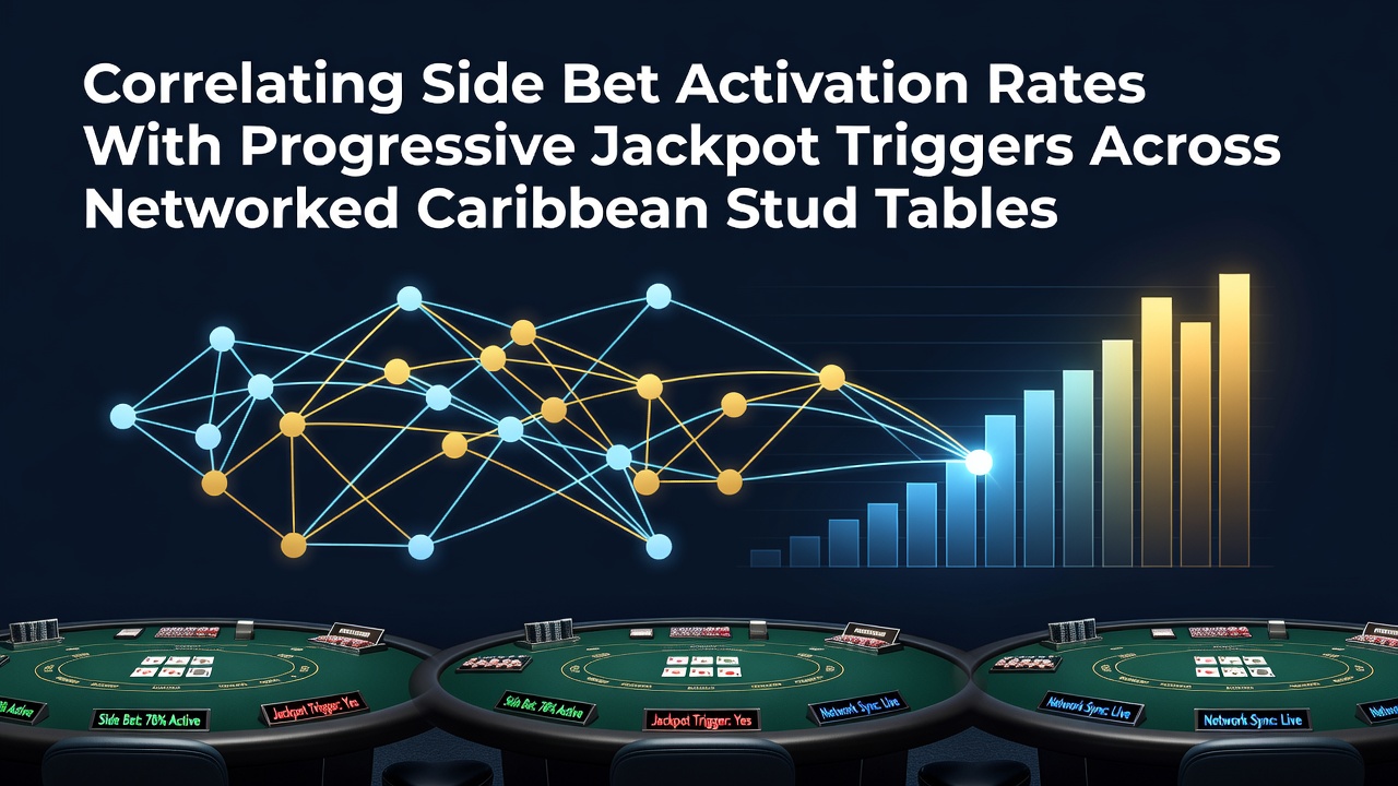 Networked Caribbean Stud poker tables showing side bet activation displays and progressive jackpot meters in a casino floor setting
