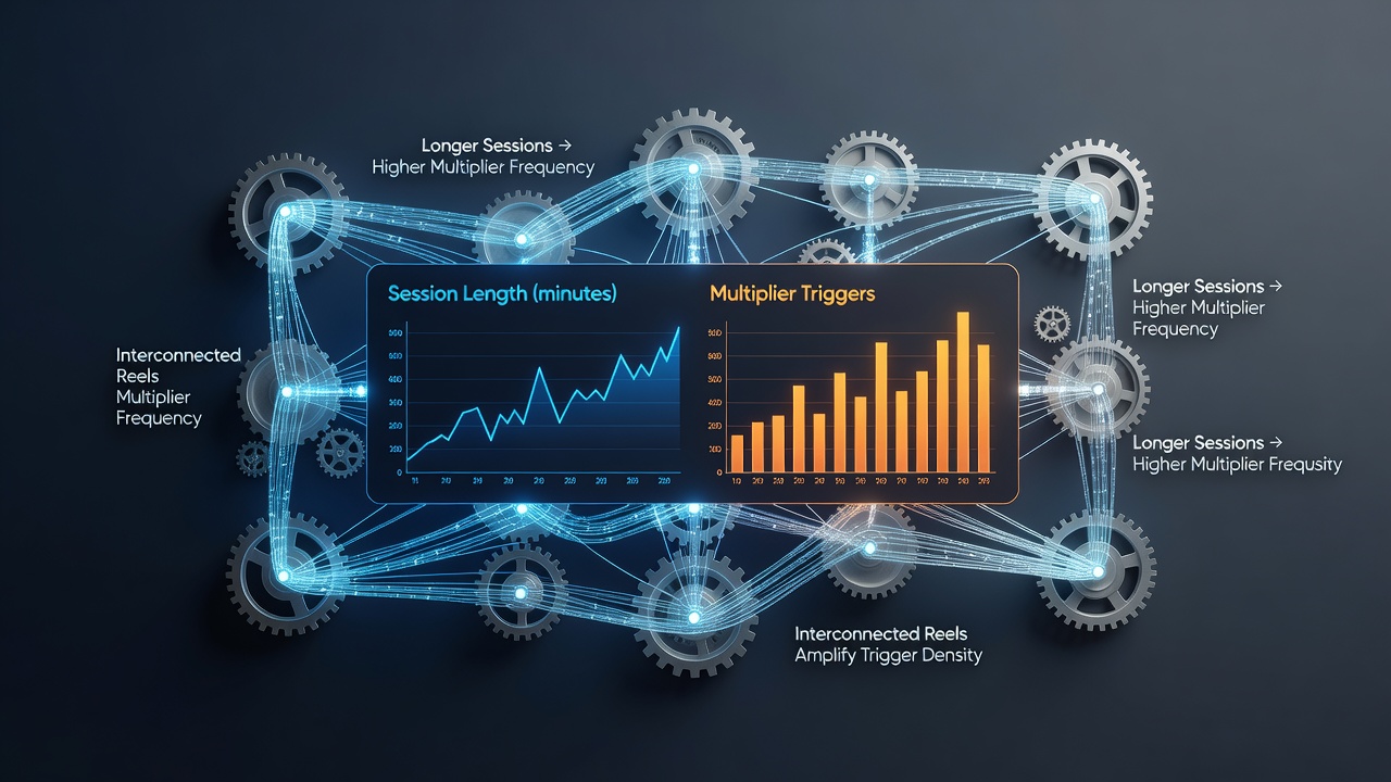 Graph illustrating multiplier trigger spikes correlated with extended session durations on networked slot platforms