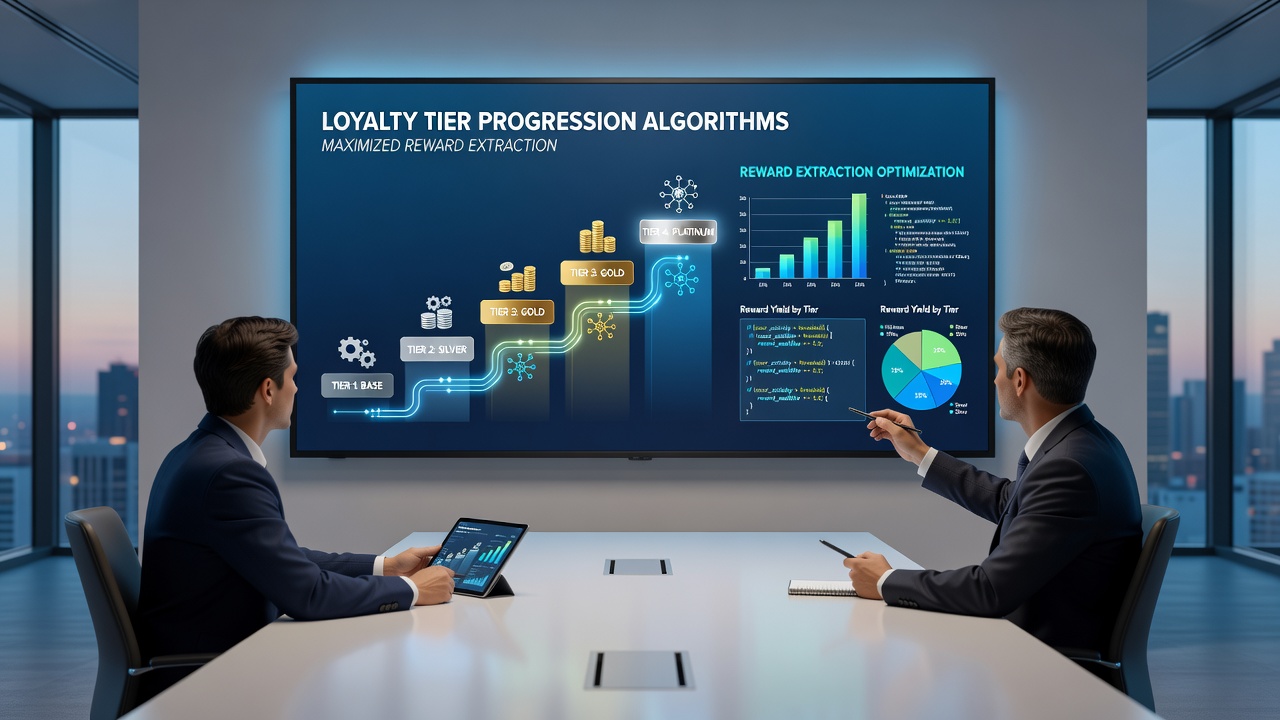 Flowchart illustrating loyalty algorithm decision trees for tier advancement and reward optimization
