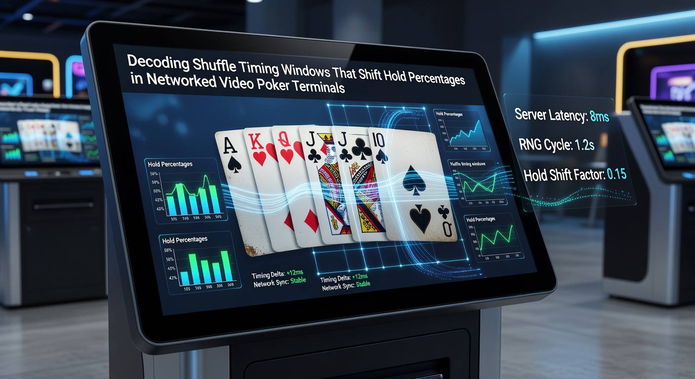 Networked video poker terminals displaying shuffle timing interfaces in a casino floor setting