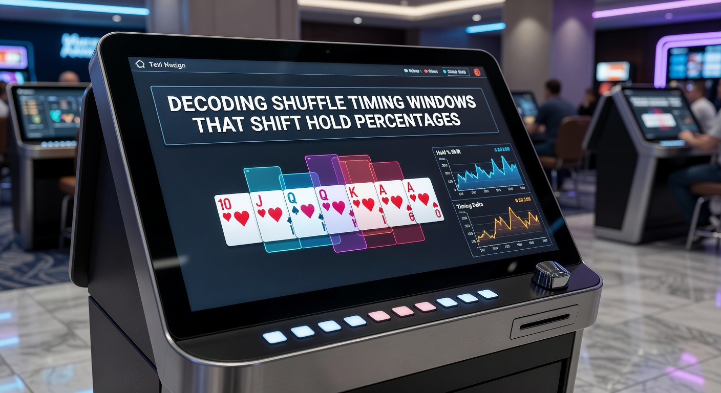 Close-up view of video poker terminal screen showing card shuffle sequence and timing metrics