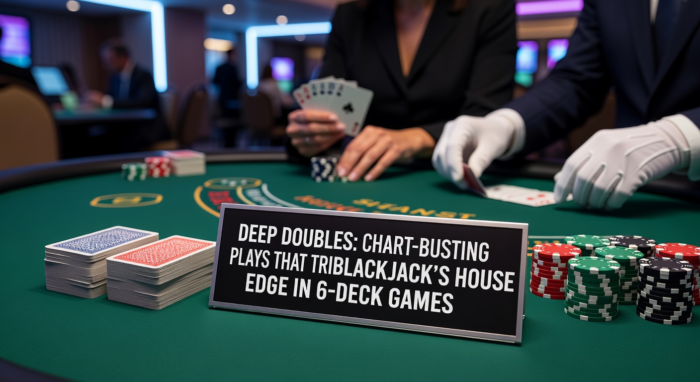 Blackjack table with strategy chart highlighting double-down opportunities in a 6-deck game