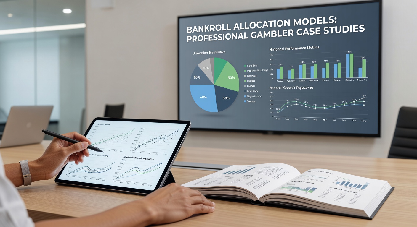 Professional gambler reviewing bankroll allocation charts and spreadsheets during a strategy session