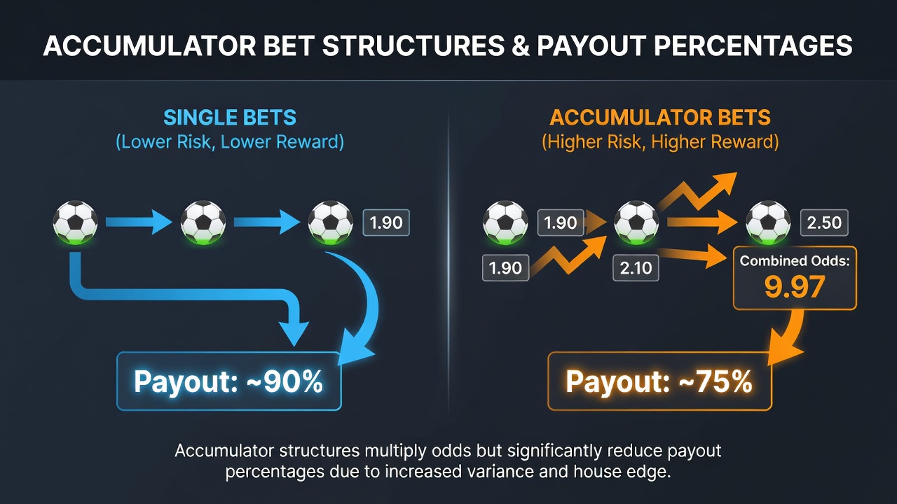 Diagram showing accumulator bet structures with multiple football matches and calculated payout percentages