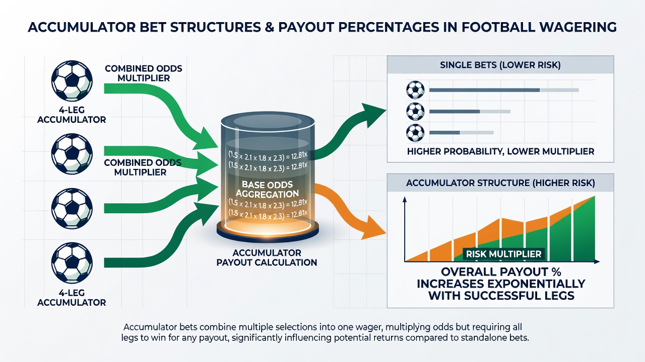 Chart illustrating payout percentage decline as accumulator legs increase from two to six selections