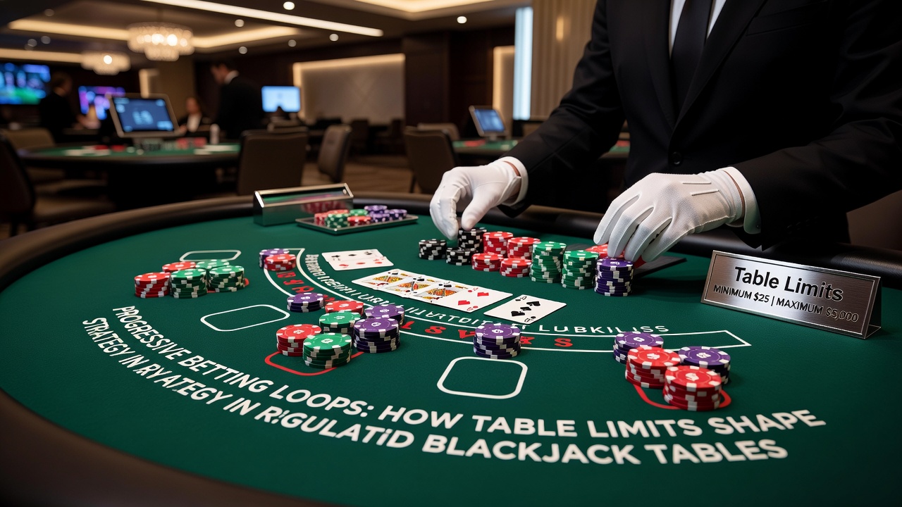 Close-up of blackjack betting area showing table limit signage and chip stacks