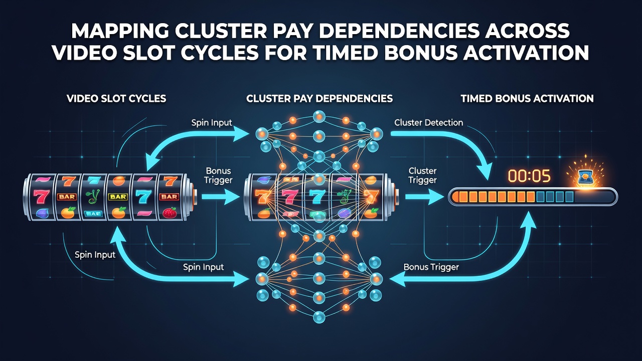Screenshot of analytical software displaying reel cycle timelines and cluster pay dependency graphs for bonus activation windows