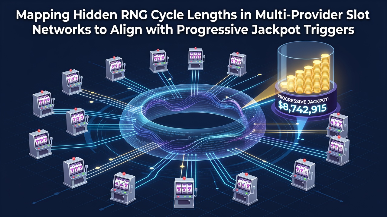 Technical diagram showing RNG cycle mapping across interconnected slot provider networks and progressive jackpot trigger points