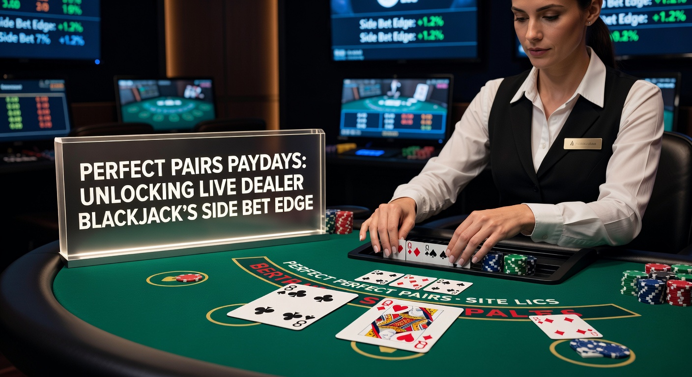 Live dealer blackjack table with Perfect Pairs side bet highlighted, cards showing a matching pair payout