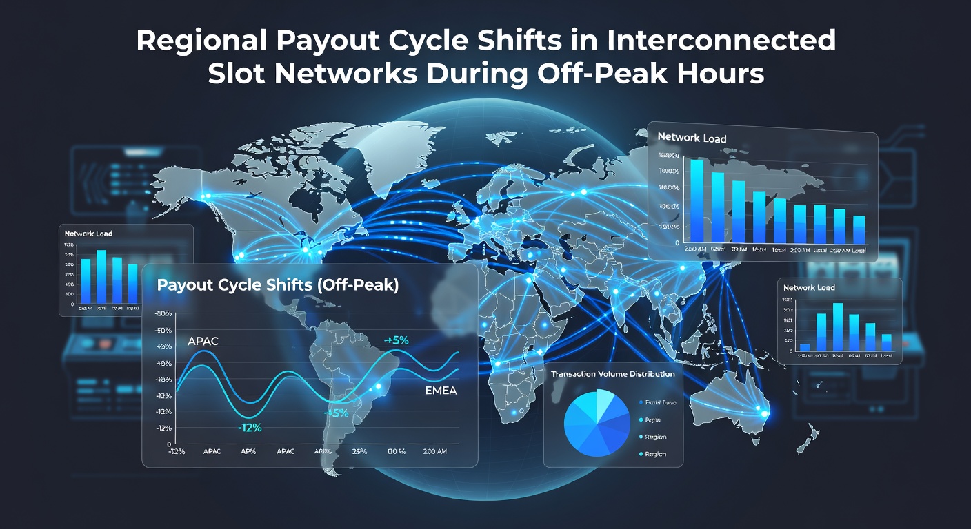 Interconnected slot machines displaying payout cycle data across multiple regional casino floors during reduced activity periods