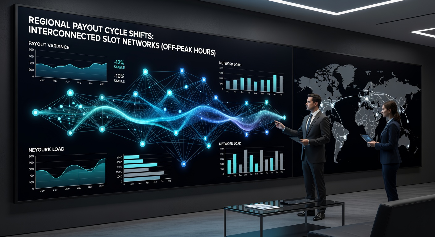 Regional casino control room monitors showing live payout statistics from interconnected slot networks at off-peak hours