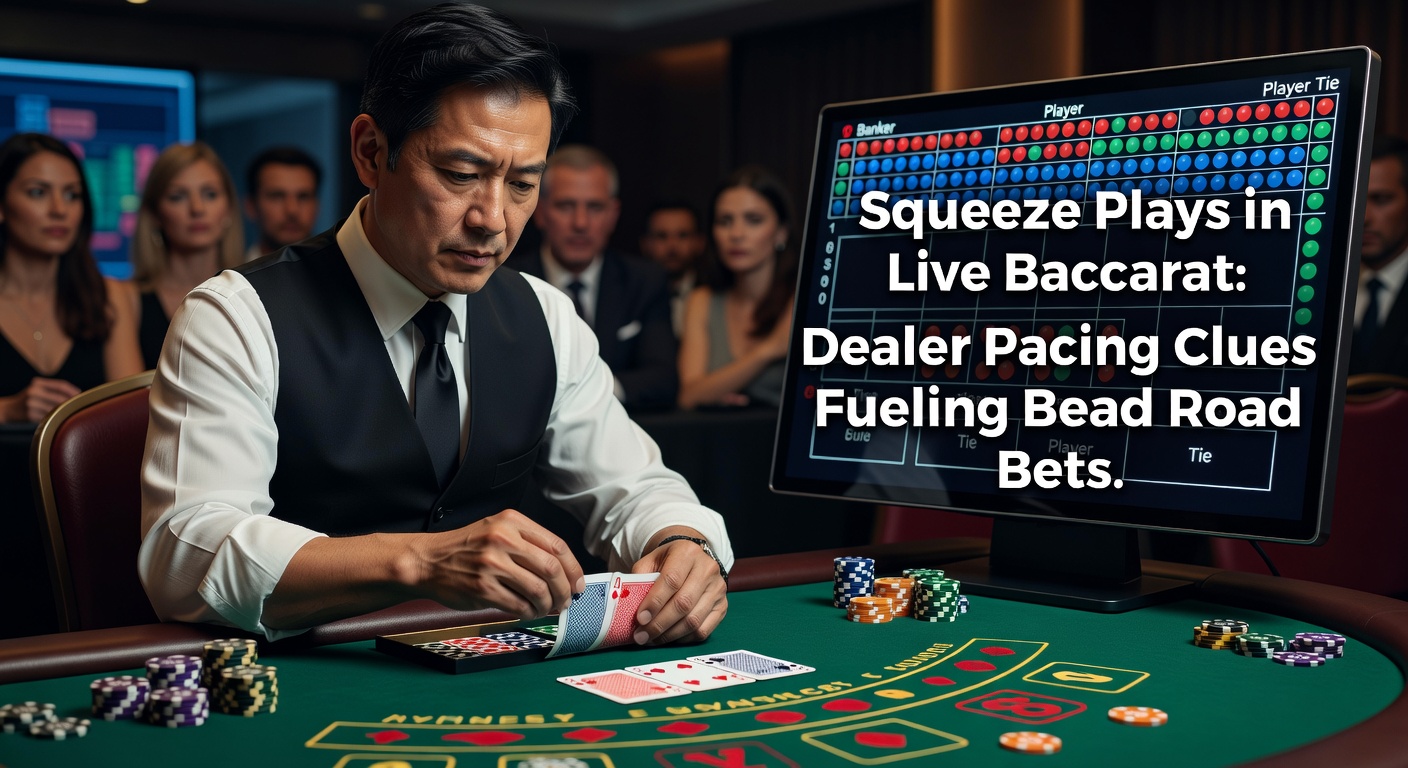 Close-up of a live baccarat dealer slowly squeezing a card during a tense hand, revealing pips edge by edge on the table layout