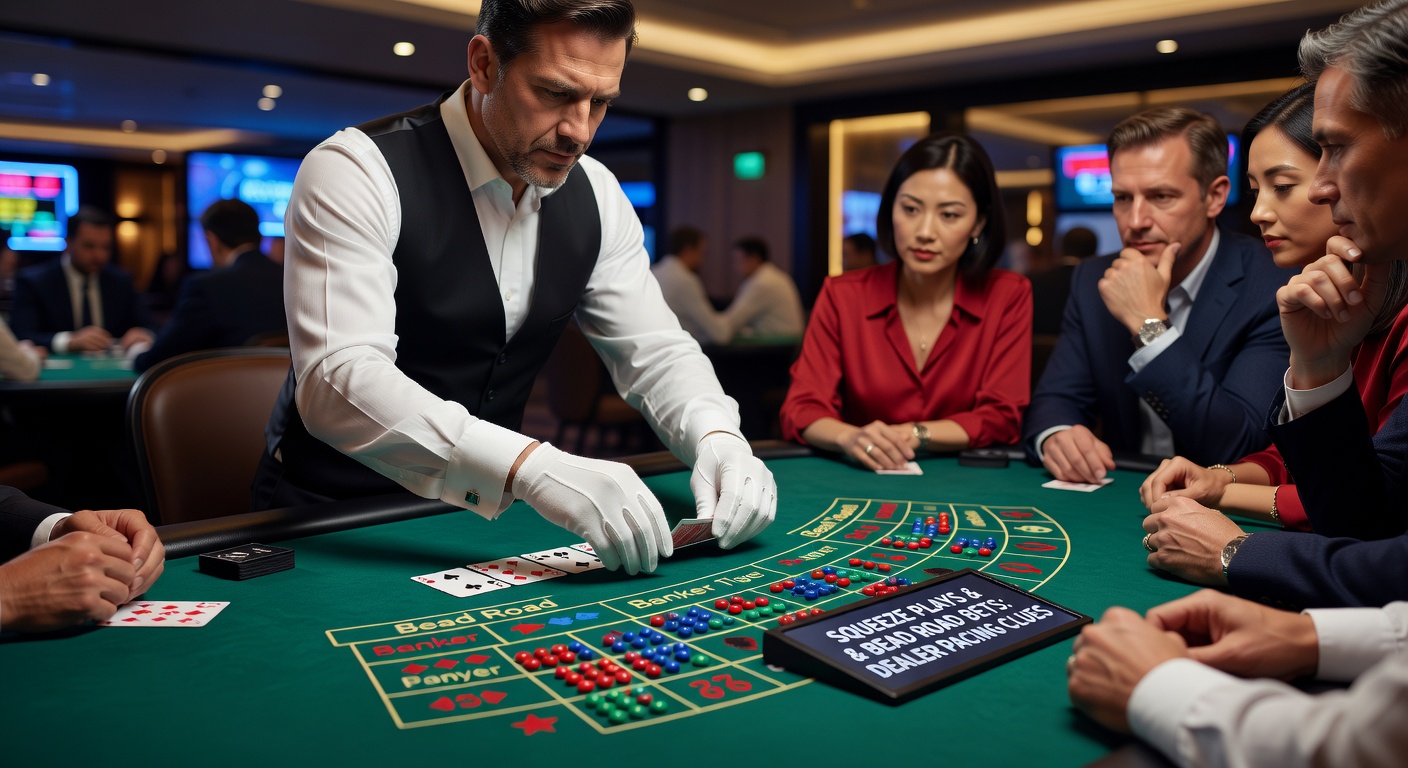 Bead road chart on a live baccarat interface displaying a mix of red banker streaks and blue player chops, with dealer hand in foreground squeezing the final card