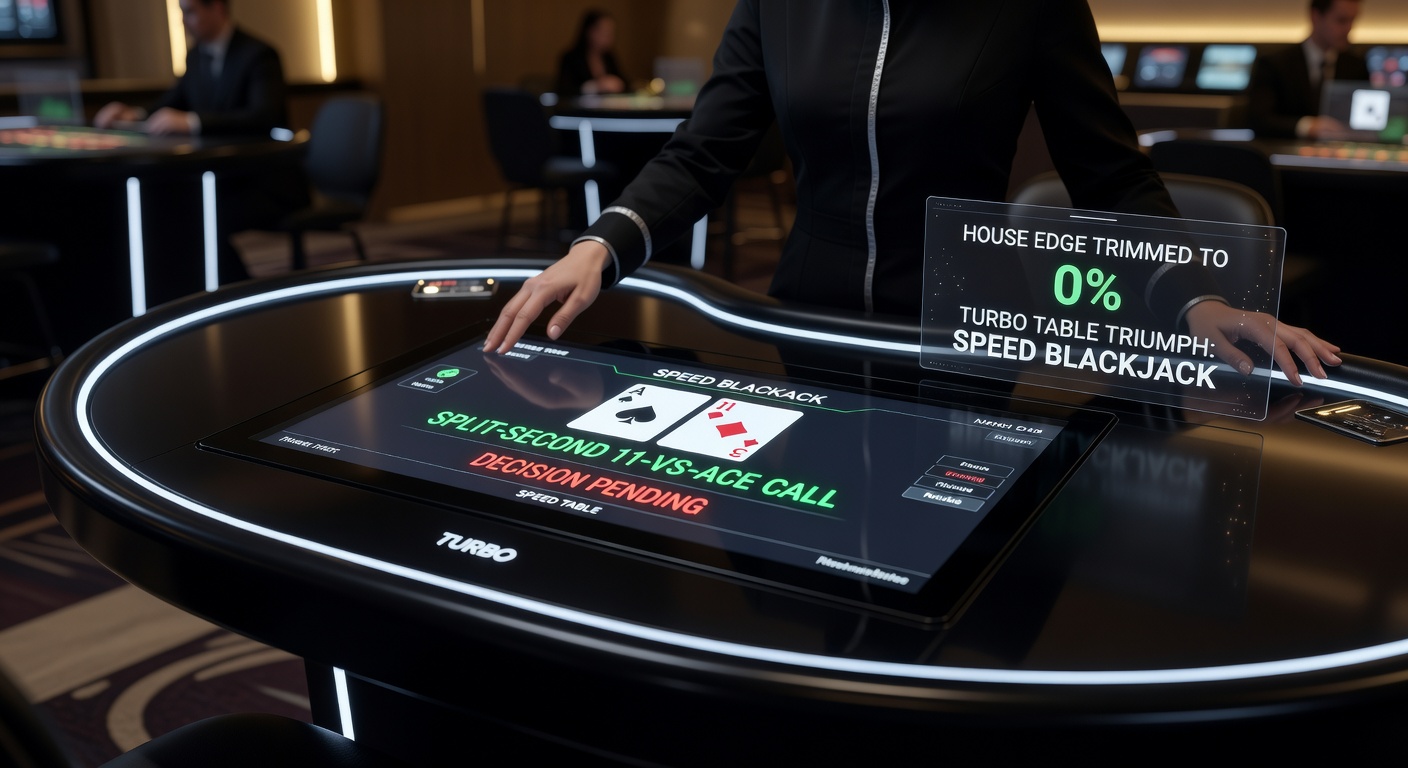 Close-up of a Speed Blackjack strategy chart emphasizing hard 11 versus ace, with double-down highlighted in green amid rapid card dealing
