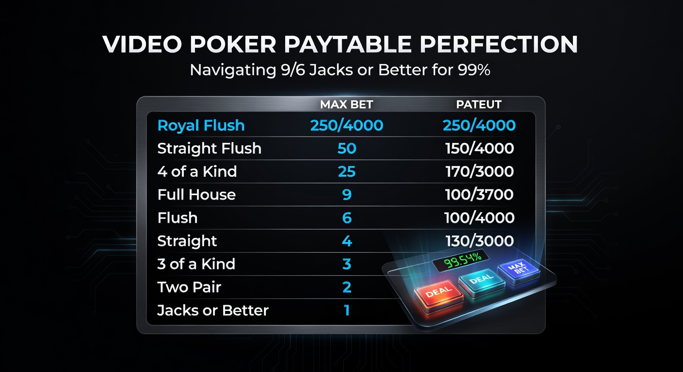 Close-up of a video poker screen showing the 9/6 Jacks or Better paytable with highlighted payouts for full house adn flush